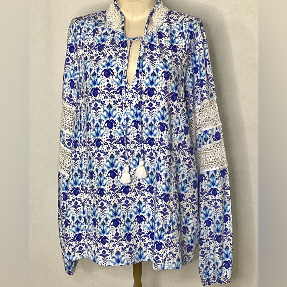 Stella Parker Blue and White Print Blouse w Lace & Tassel Ties